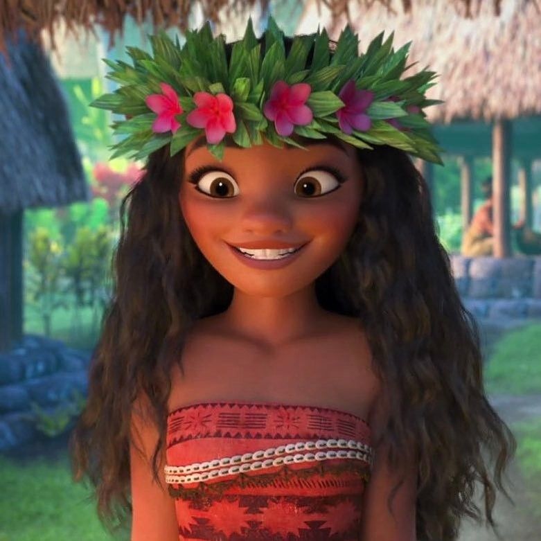 Moana from Disney movie wearing flower crown and red traditional dress, smiling with tropical village background