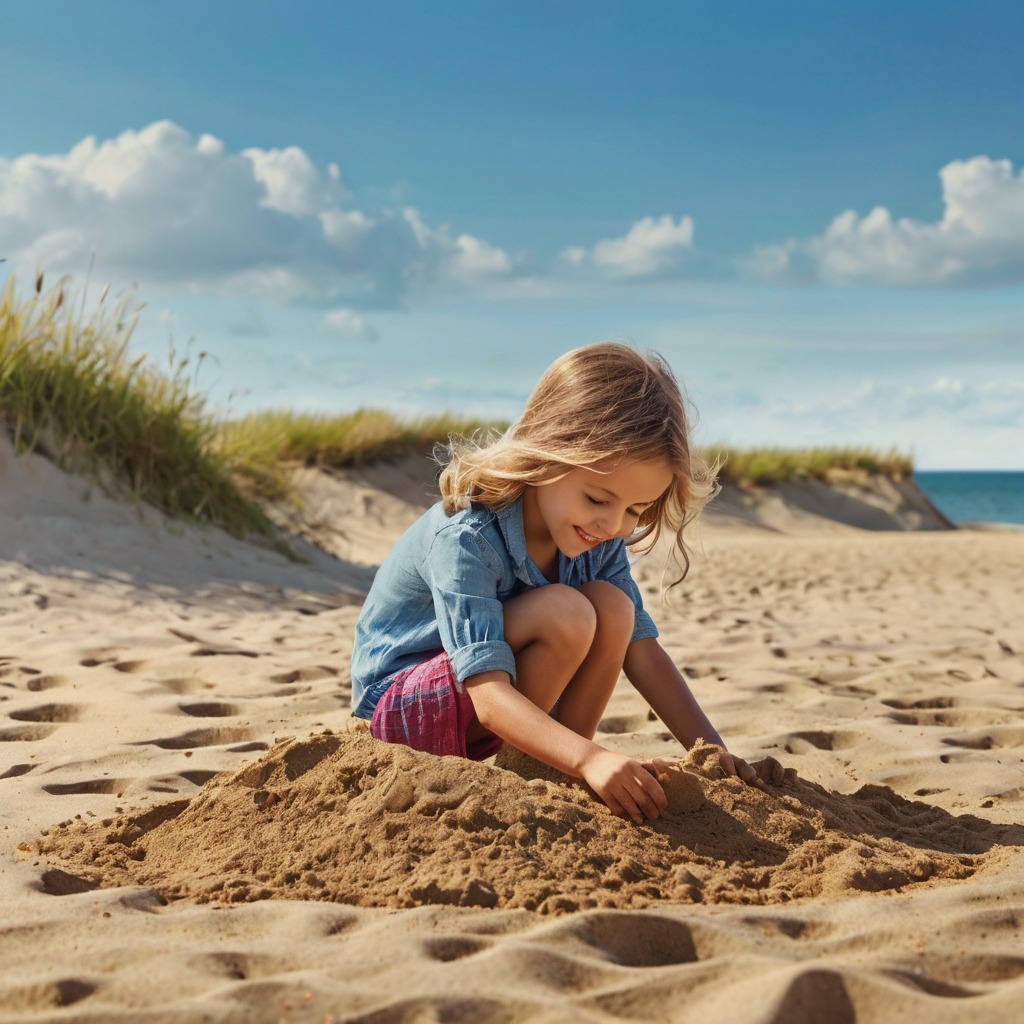 Young girl building sandcastle on sandy beach with dunes and blue sky