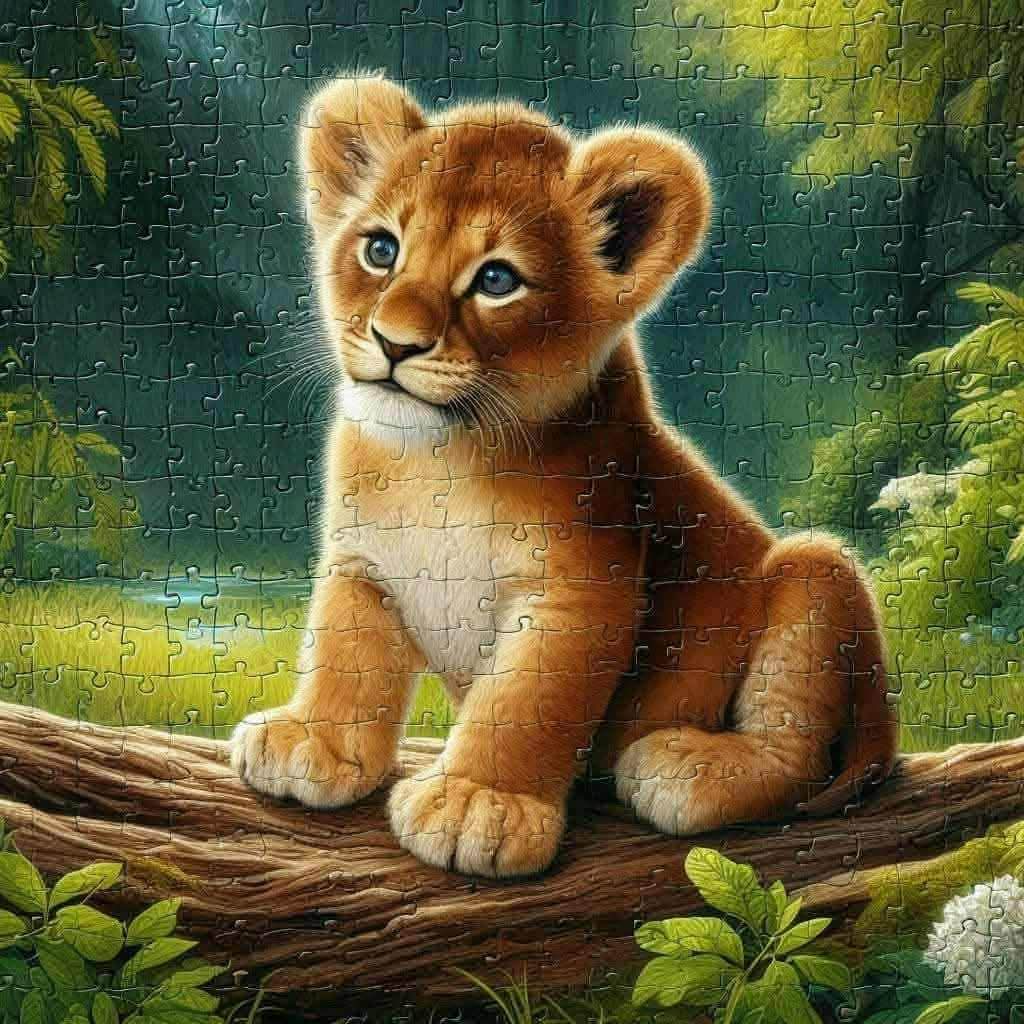 Illustration of a lion cub sitting on a tree branch in a green forest