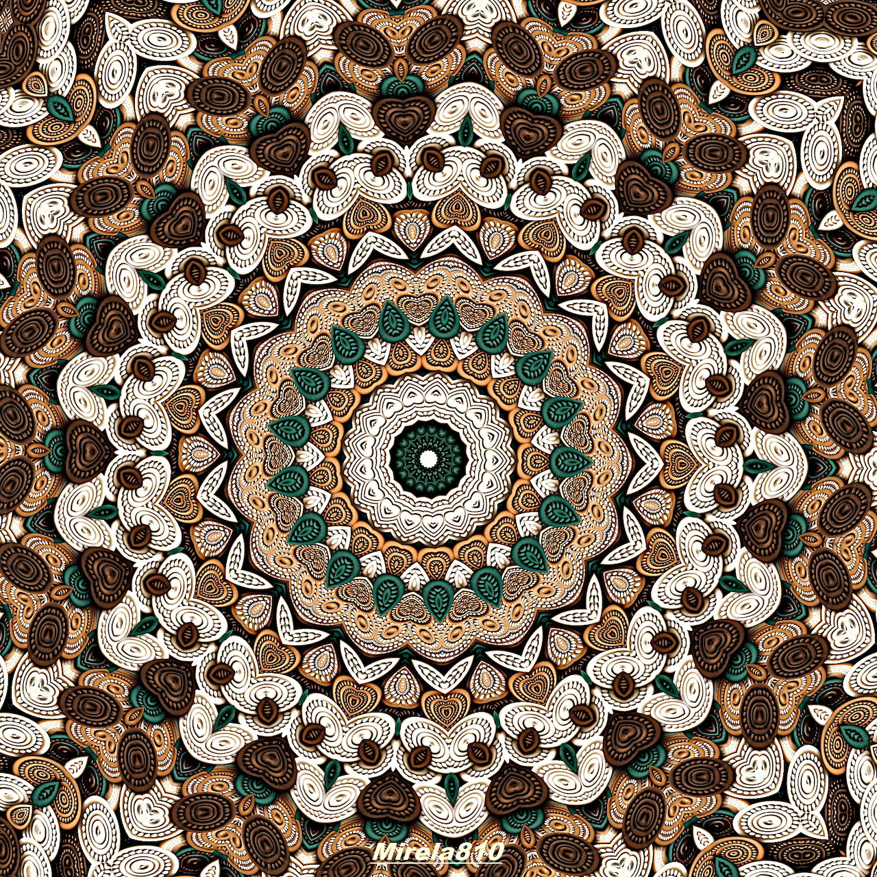 Circular mandala with mosaic tile pattern in brown, cream, teal and orange tones radiating from center