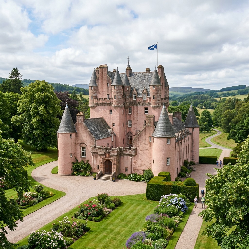 Pink Scottish castle with turrets, gardens, and green countryside under a cloudy sky