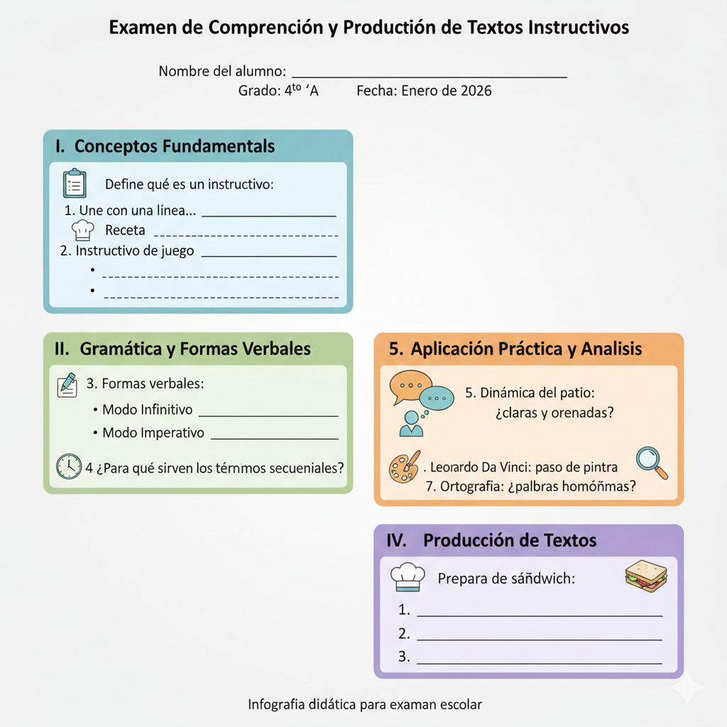Colorful Spanish educational infographic with four labeled sections and small icons on a white background