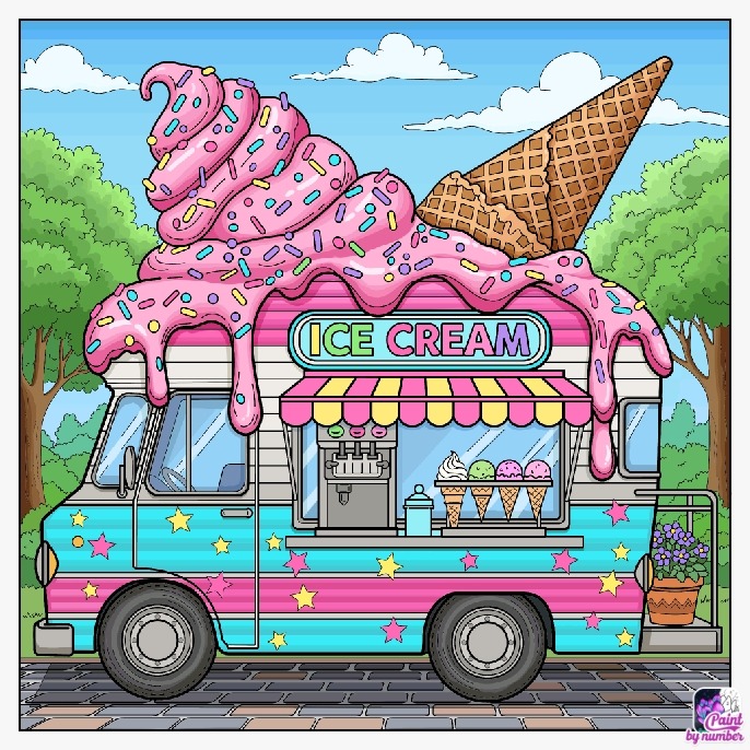 Cartoon ice cream truck with giant pink soft serve, sprinkles, and waffle cone on top