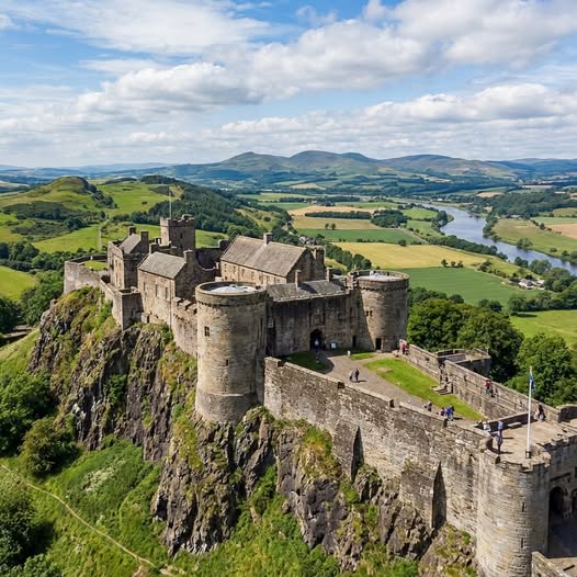 Medieval stone castle on a rocky hilltop with green hills, farmland, and a river in the background