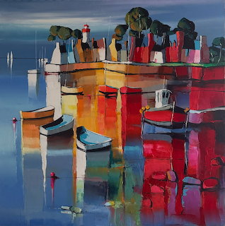 Abstract harbor painting with boats, colorful buildings, and bright reflections on blue water