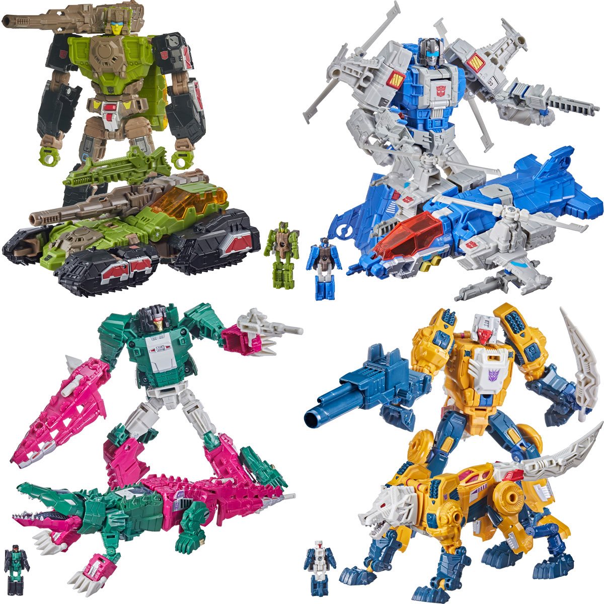 Four Transformers toys displayed with robots, vehicles, and mini figures