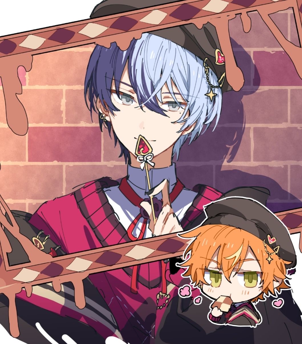 Two Project Sekai anime characters: blue-haired teen in plaid jacket and chibi orange-haired figure in black hat