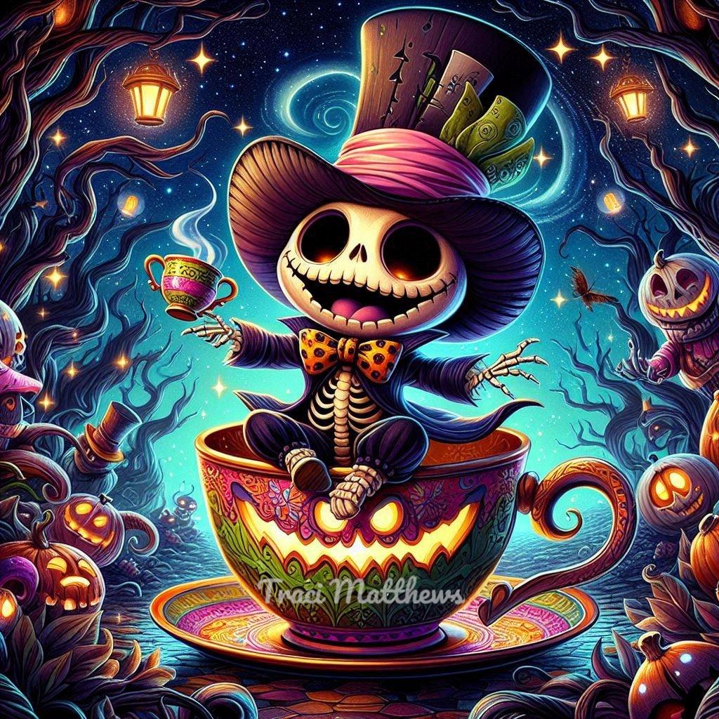 Cartoon skeleton in top hat sitting in a colorful teacup surrounded by Halloween pumpkins and spooky trees