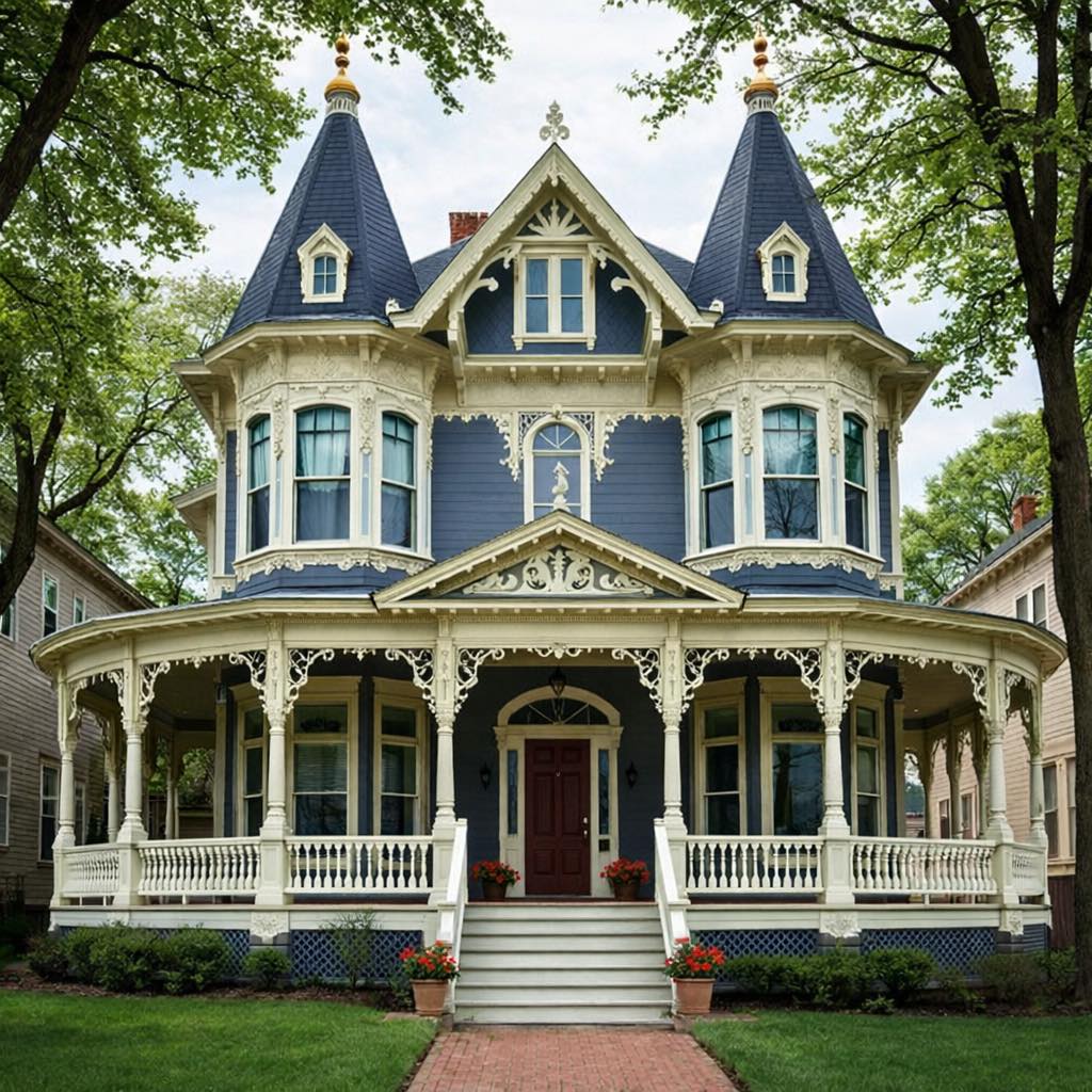 Blue Victorian house with white ornamental trim, twin turets, and a wraparound porch