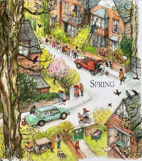 Watercolor illustration of a spring street with houses, trees, cars, and people from above