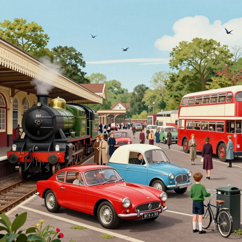 Illustrated vintage train station with a steam train, classic cars, red double-decker bus, and people