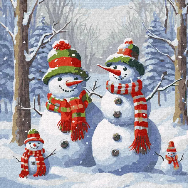 Four snowmen with red and green scarves in snowy winter forest