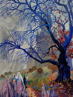 Painting of a dark blue bare tree in a colorful field with small ghost-like figures below