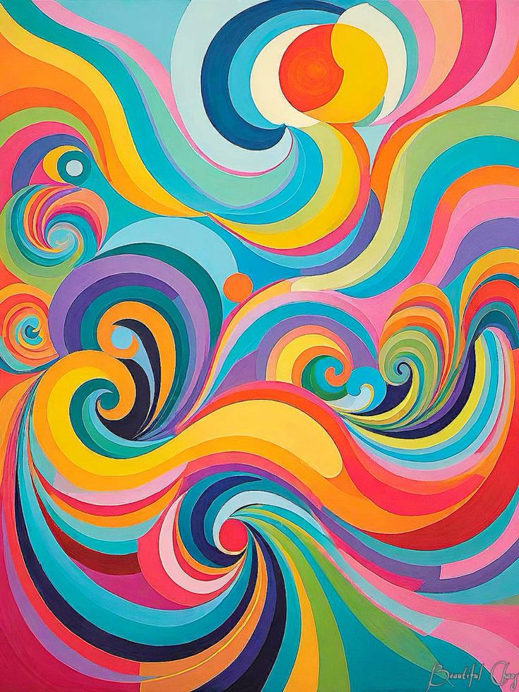 Colorful abstract painting with flowing swirls and wave patterns in vibrant rainbow colors