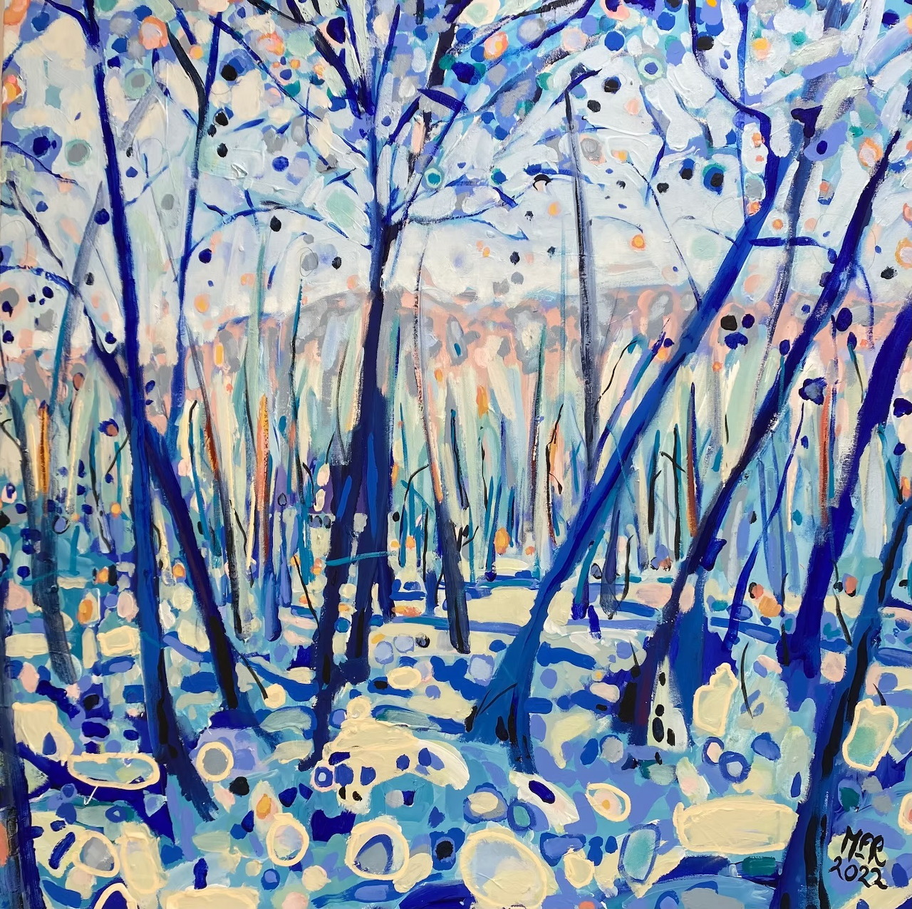 Abstract painting of blue trees in a marsh with dotted foliage and flowing landscape patterns
