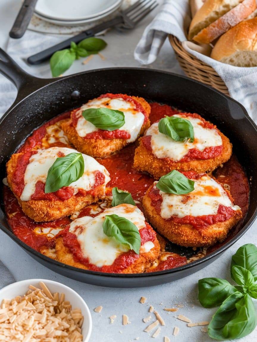 Four breaded chicken parmesan cutlets with melted mozzarella and fresh basil in tomato sauce in a black skillet
