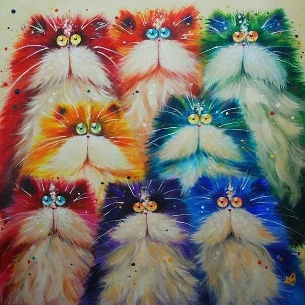 Painting of seven colorful fluffy cats with long fur and wide eyes