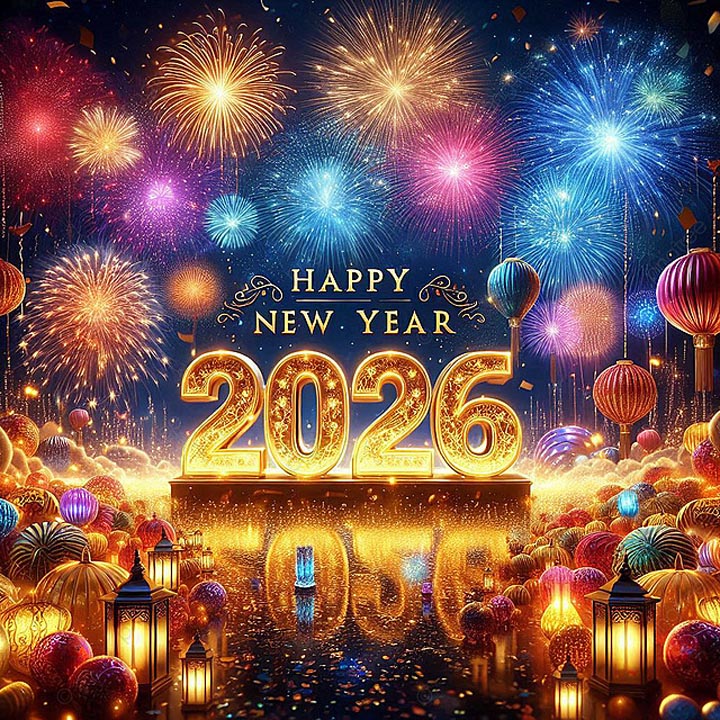 Happy New Year 2026 illustration with colorful fireworks, golden numbers, lanterns, and confetti