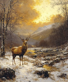 Painting of a red deer stag standing in a snowy mountain glen with golden sunset sky