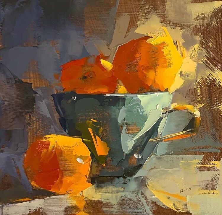 Impressionistic oil painting of orange flowers in a blue-green vase against a textured background