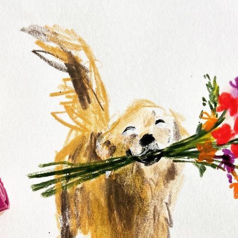 Watercolor golden retriever dog holding a bouquet of red and pink flowers in its mouth
