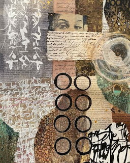 Mixed media collage artwork with circles, caligraphy, vintage text, and textured papers in brown and grey tones