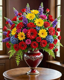 Colorful Flower Bouquet in Red Vase