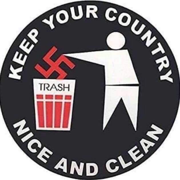 Graphic poster of a figure throwing a swastika into a trash can with text around the border