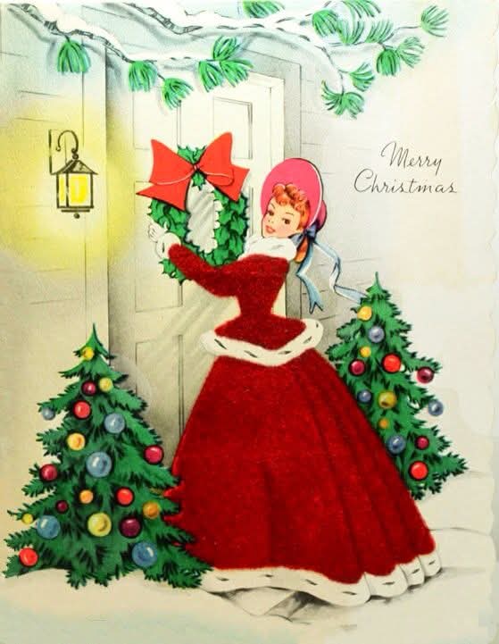 Vintage illustration of woman in red holiday dress holding Christmas wreath near decorated entrance with small trees
