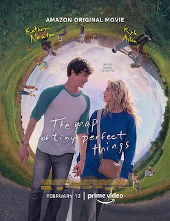Movie poster of a young couple holding hands inside a circular scene with tiny figures around them.