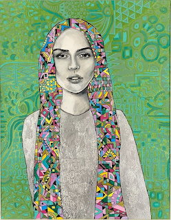 Portrait of woman with colorful geometric patterned braids on green decorative background