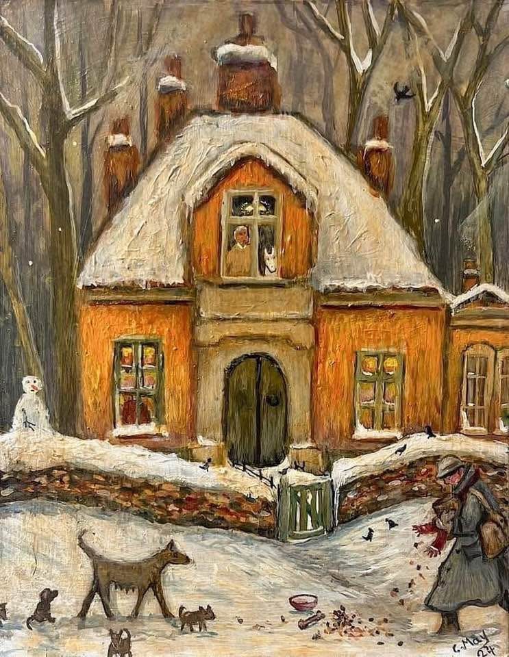 Folk art painting of an orange cottage in snow with dogs, a snowman, and bare winter trees
