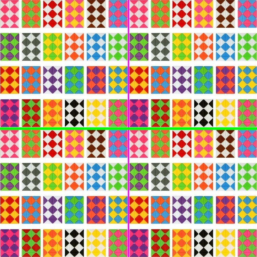 Grid pattern of colorful squares with diamonds and circles in various bright color combinations