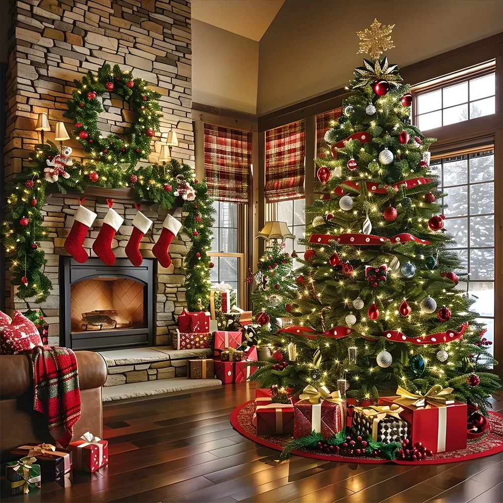 Living room decorated for Christmas with two lit trees, fireplace with red stockings, and wrapped gifts