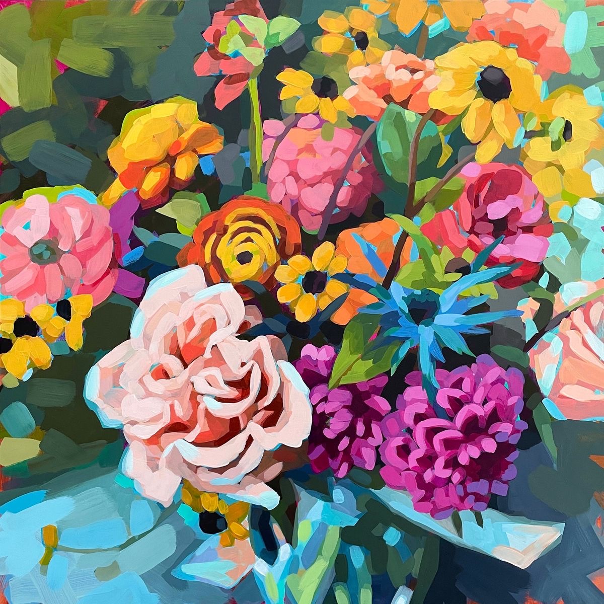 Colorful painted bouquet of mixed flowers in a blue vase