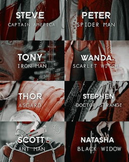 Eight-panel Marvel Avengers collage with character names: Steve, Peter, Tony, Wanda, Thor, Stephen, Scott, Natasha