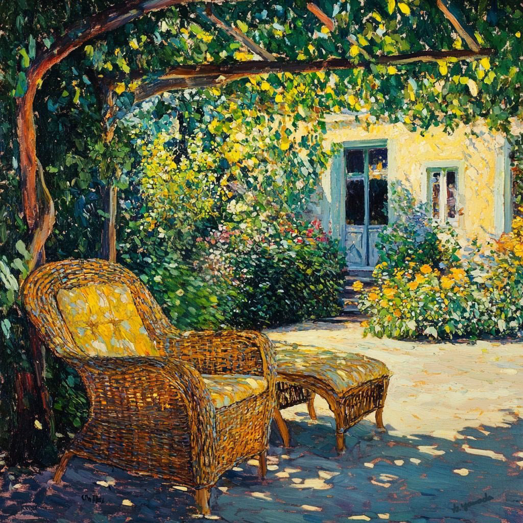 Impressionist painting of a wicker chair and stool on a sunny garden patio near a cottage door