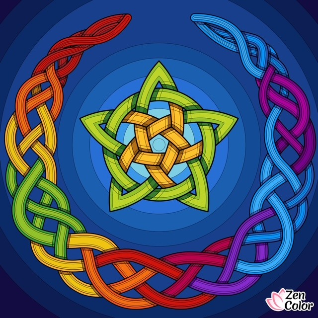 Rainbow Celtic knot star mandala with circular braided border on blue background