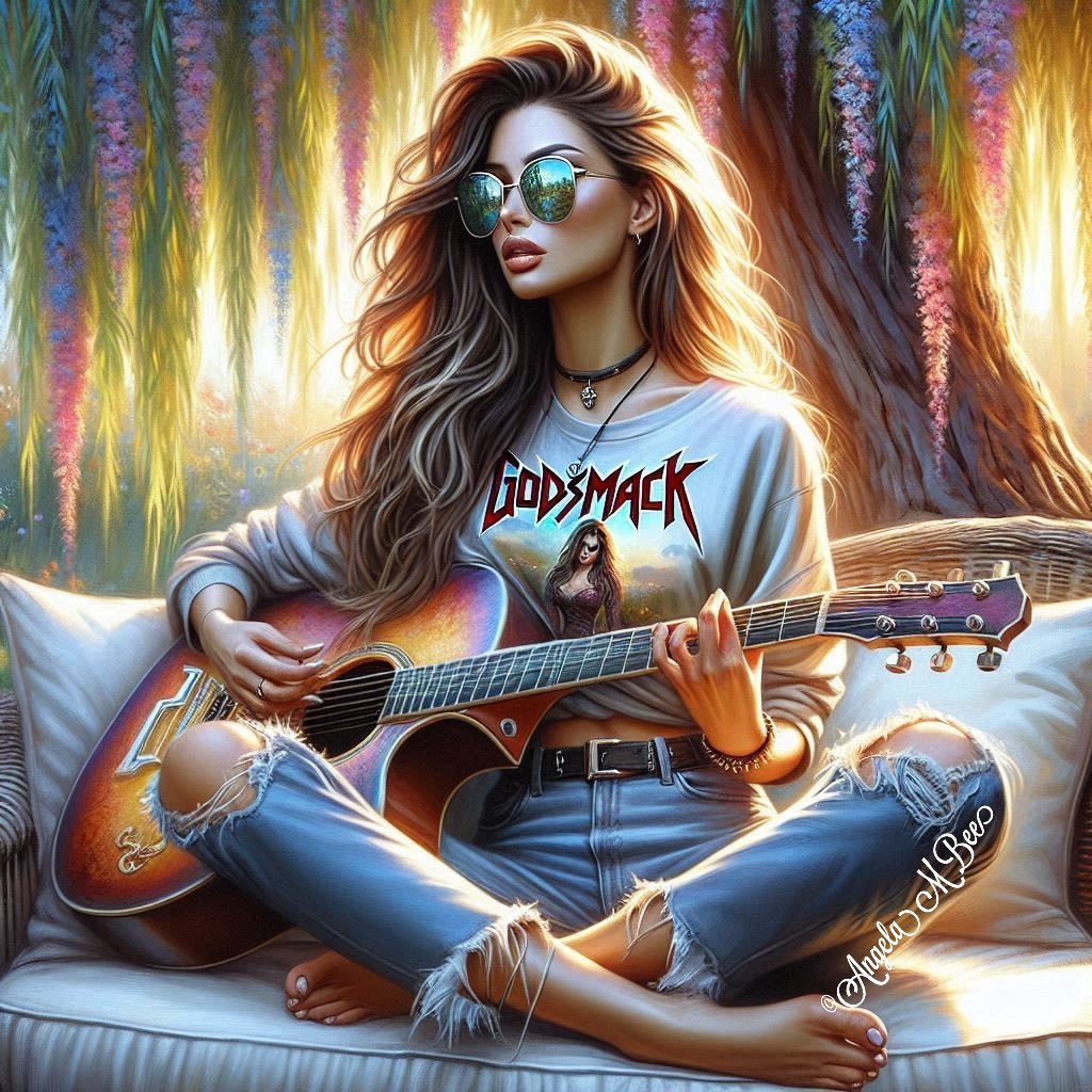 Stylized woman sitting on a sofa and playing an acoustic guitar in a glowing fantasy setting