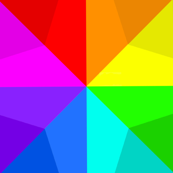 Abstract geometric pattern with colorful triangles arranged in a grid of rainbow colors