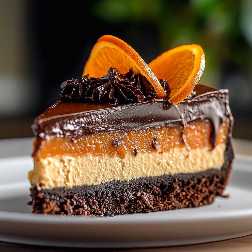 Slice of layered chocolate orange cake with ganache, sprinkles, and candied orange slices on top