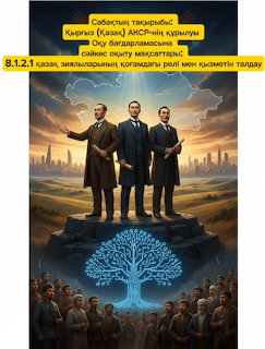 Three men in dark suits standing on a mound above a stylized tree with Kazakh text and city skyline background