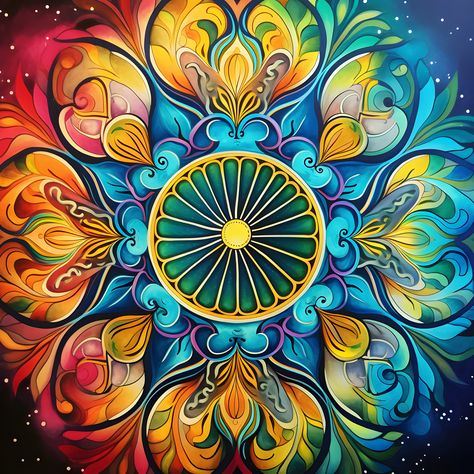 Symmetrical mandala with vibrant rainbow colored ornate floral patterns radiating from golden central wheel on dark background