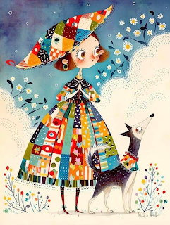 Whimsical illustration of girl in colorful patchwork dress with dog and birds
