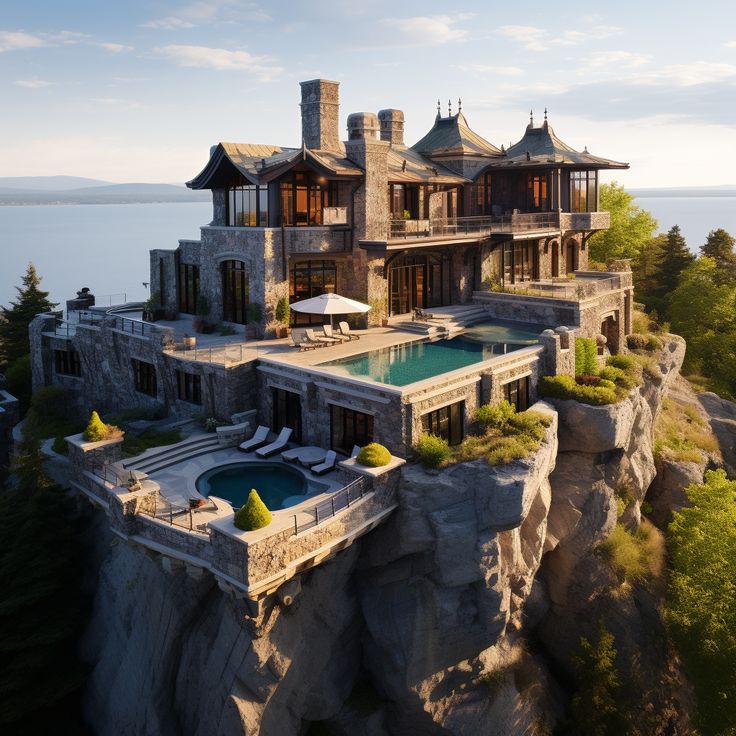 Large stone mansion built on cliff edge with pool and terraced levels overlooking ocean or lake