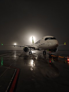 Commercial airplane parked on wet tarmac at night with fogy airport lights reflecting on ground