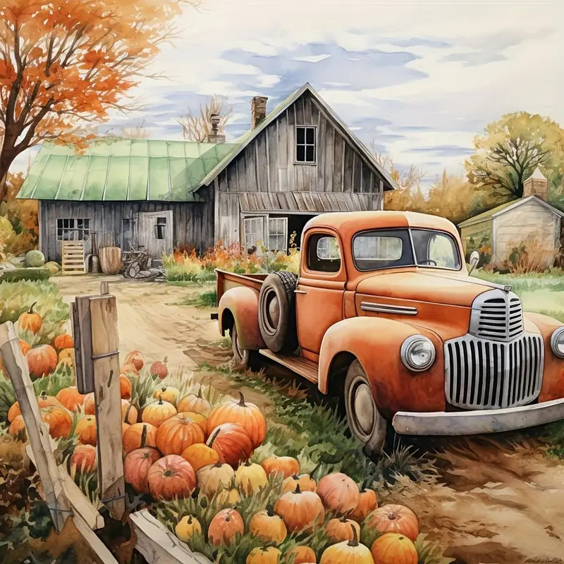 Orange vintage truck at rustic farm with pumpkins and barn in autumn