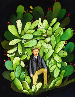 Illustration of a man in vintage clothing surrounded by large green prickly pear cactus on black background
