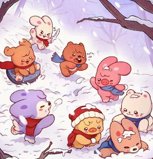 Cartoon animals wearing scarves and winter clothes playing in snow under purple sky with tree branches