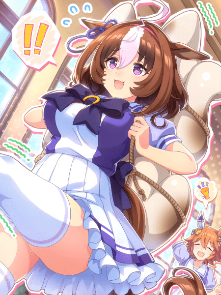 Anime girl with horse ears and brown hair in blue-white dress, Meisho Doto SR card from Umamusume